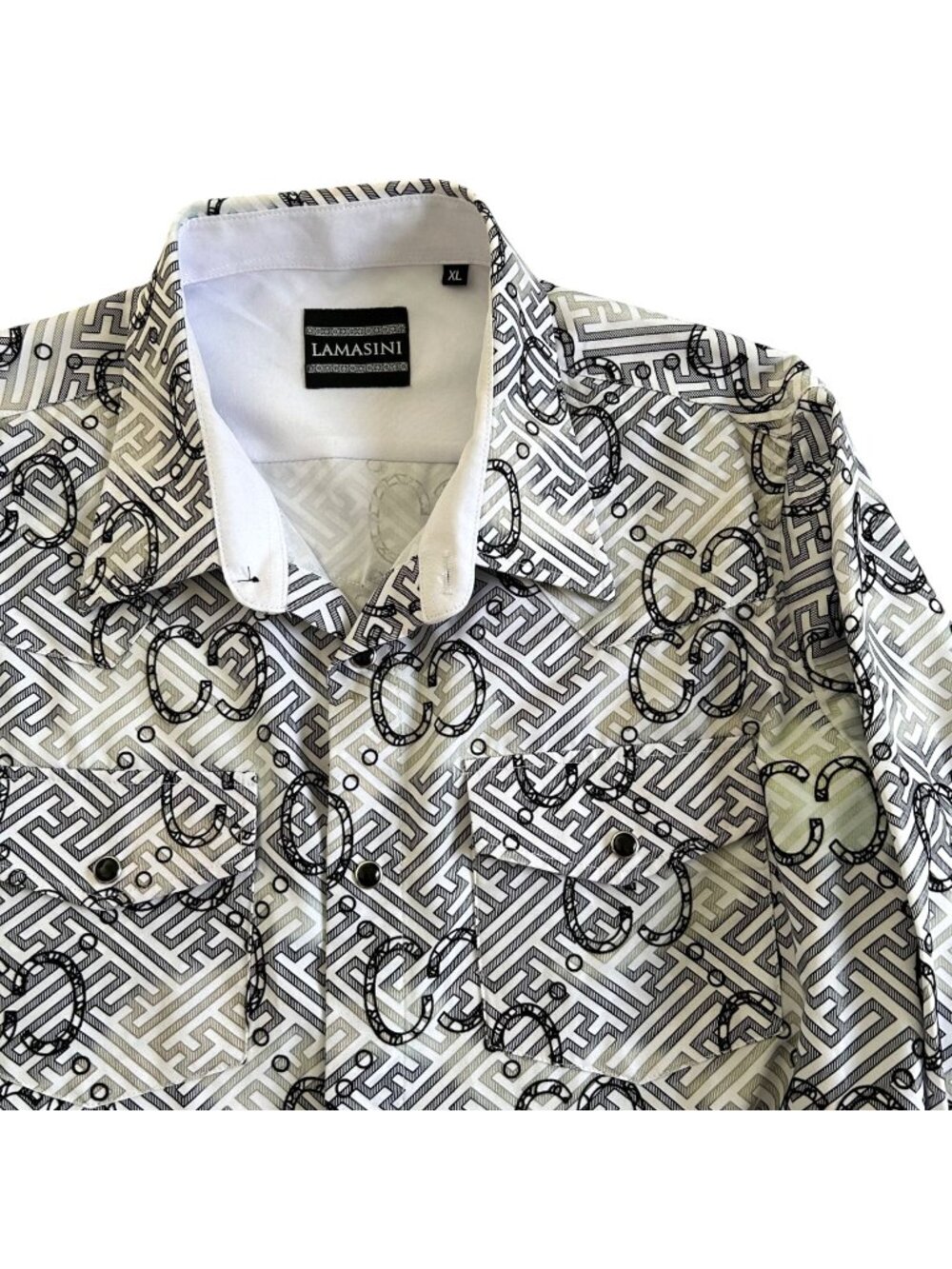 Lamasini Men's Sz  XL White & Black Geometric Long Sleeve Button-Up Shirt